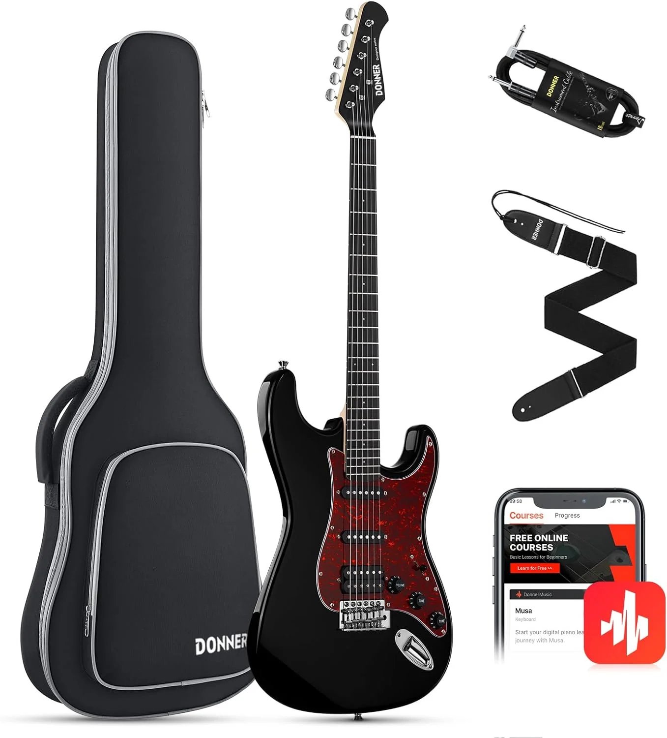 Donner 39 Inch Electric Guitar, Designer Series DST-200 Stylish Solid Body Guitar for Beginner Intermediate & Pro Players, Single Coil Split System, Bonus Bag, Cable, Strap