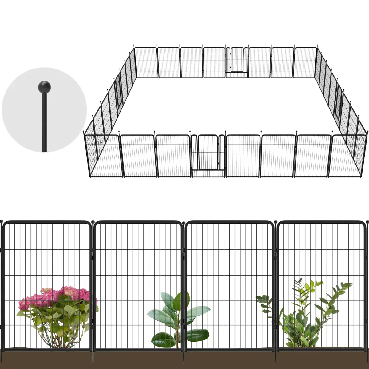 FXW Garden Fence 32 Panels 72ft (L)×40in (H) Animal Barrier Decorative Metal Fence with 2 Gates Temporary Fencing No Dig Fencing for Yard Patio, Black