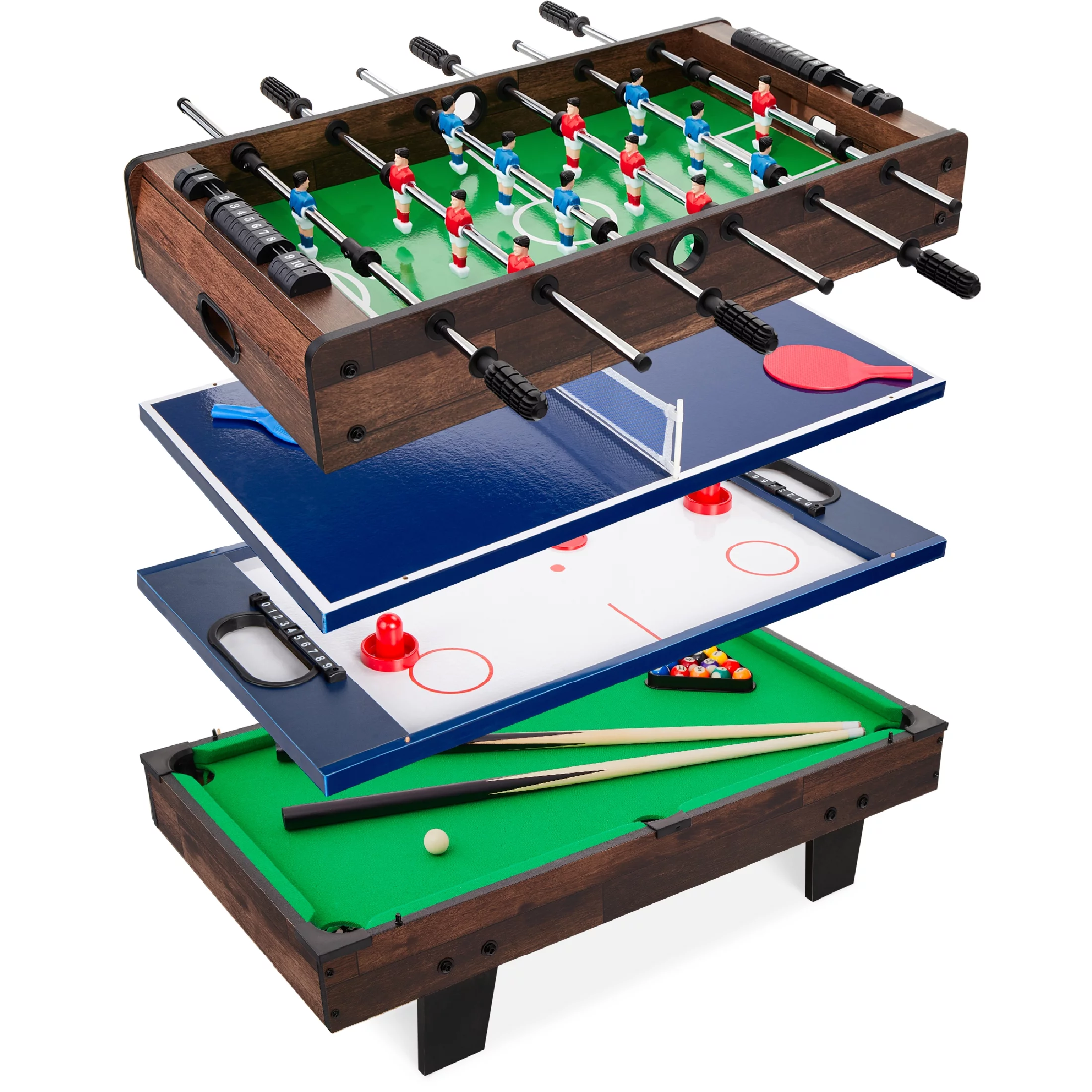 Best Choice Products 4-in-1 Multi Game Table, Childrens Arcade Set w/ Pool Billiards, Air Hockey, Foosball - Dark Wood