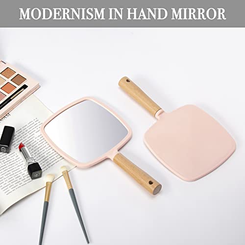 YEAKE Hand Held Mirror with Handle for Makeup,Small Cute Wood Hand Mirror for Shaving with Hole Hanging Single-Sided Portable Travel Vanity Mirror for Men&Women(Square)