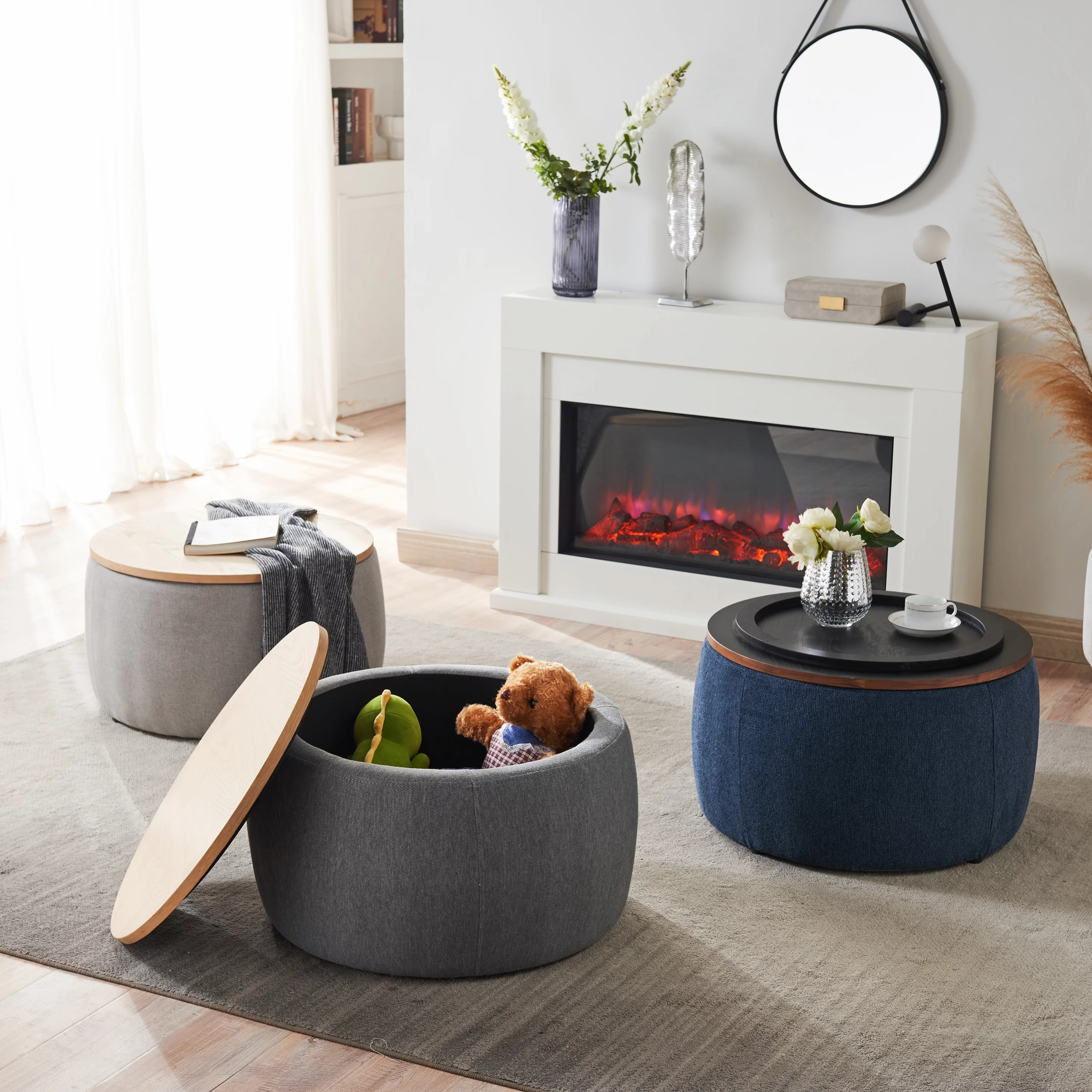 Morden Fort Round Storage Ottoman 2 in 1 Function Ottoman Coffee Table Round with Storage for Living Room End Table Footstool with Wood Cover