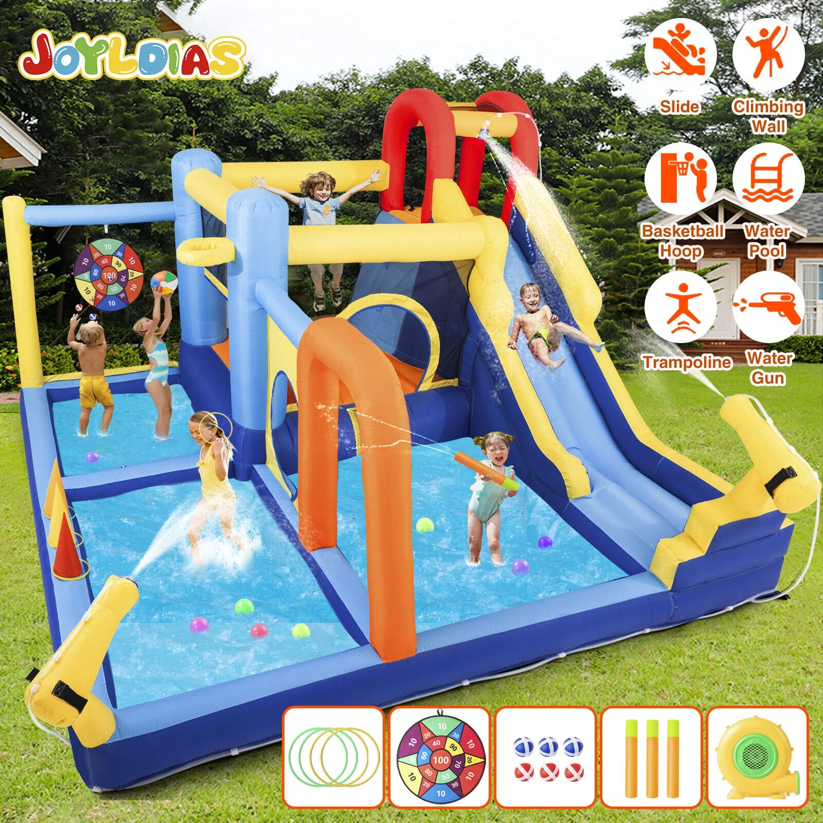 JOYLDIAS Inflatable Water Slide Kids Water Park Bounce House Fun Playhouse Outdoor w/Splash Pool,Climbing Wall,Trampoline,Felt Ball Target,Ring Toss Game,550W Air Blower