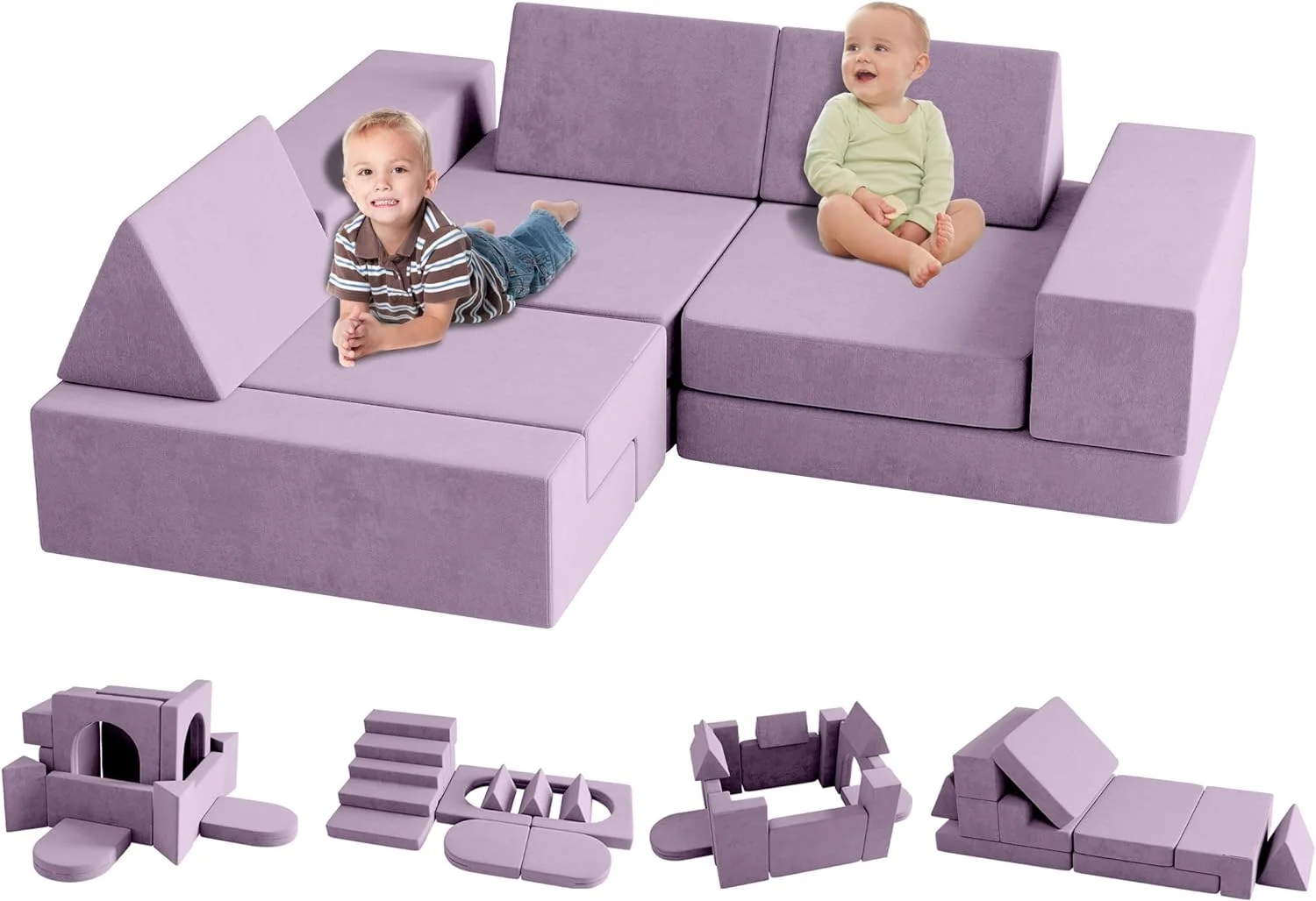 13Pcs Kids Couch, Wanan Modular Toddler Sofa with 2 Arches, 2 Semi-Circular, 3 Triangular, 2 Square, 2 L-Shaped, and 2 Rectangular Cushions, Multifunctional Play Couch for Kids, Blueberry