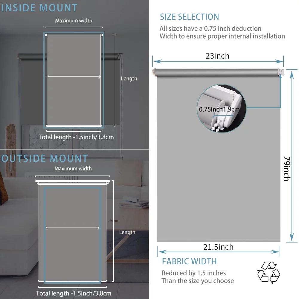 LUCKUP 100% Blackout Waterproof Fabric Window Roller Shades Blind, Thermal Insulated,UV Protection,for Bedrooms,Living Room,Bathroom,The Office, Easy to Install