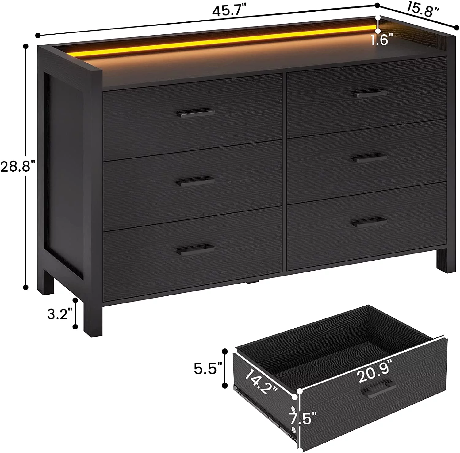 Afuhokles 6 Drawer Double Dresser with LED Lights, Large Wooden Storage Cabinet, Chest of Drawers, Black