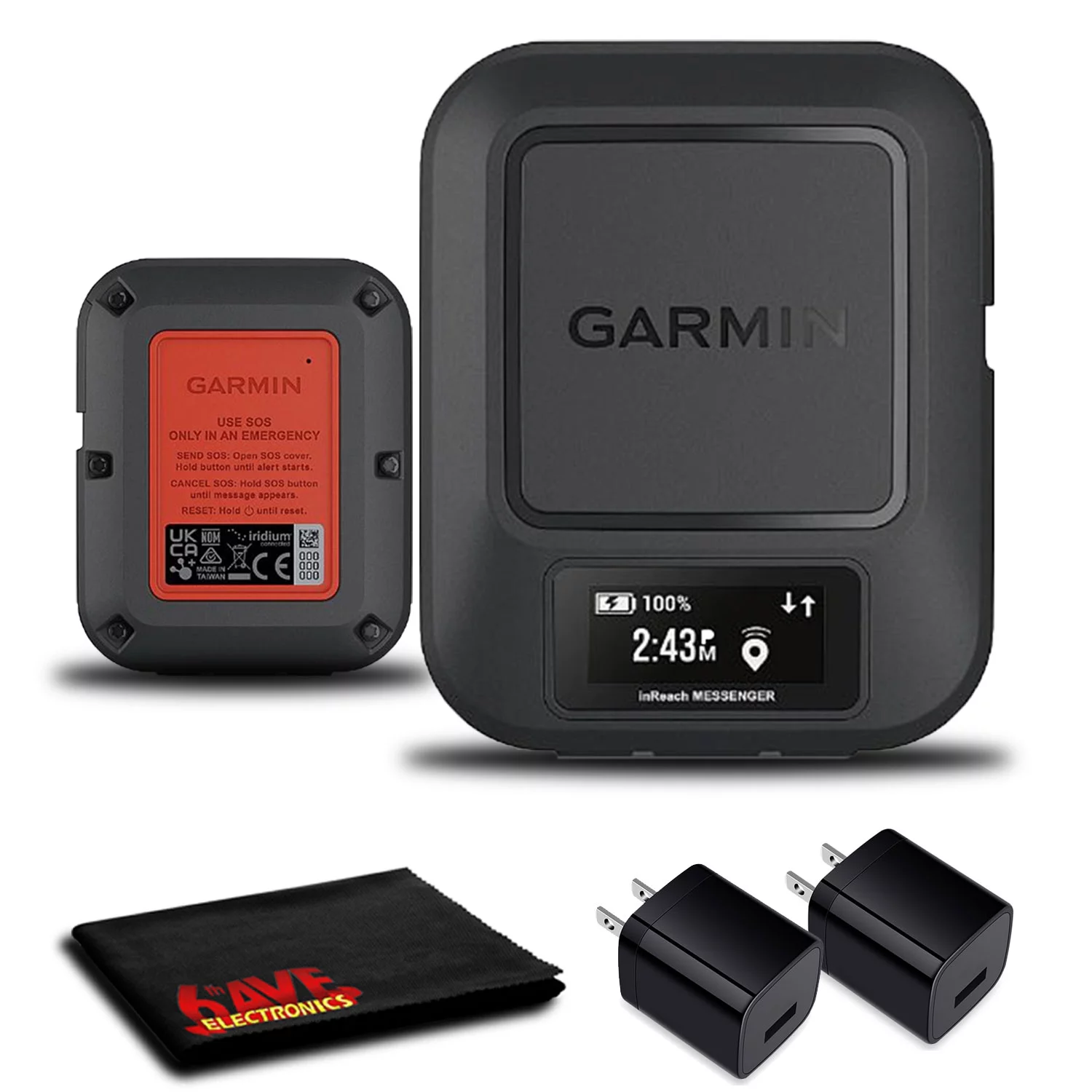Garmin inReach Messenger GPS with Two USB Wall Adapters and 6Ave Cleaning Cloth