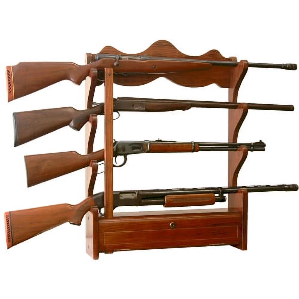American Furniture Classics  Model 840, 4 Gun Wall Rack in solid brown pine with locking compartment