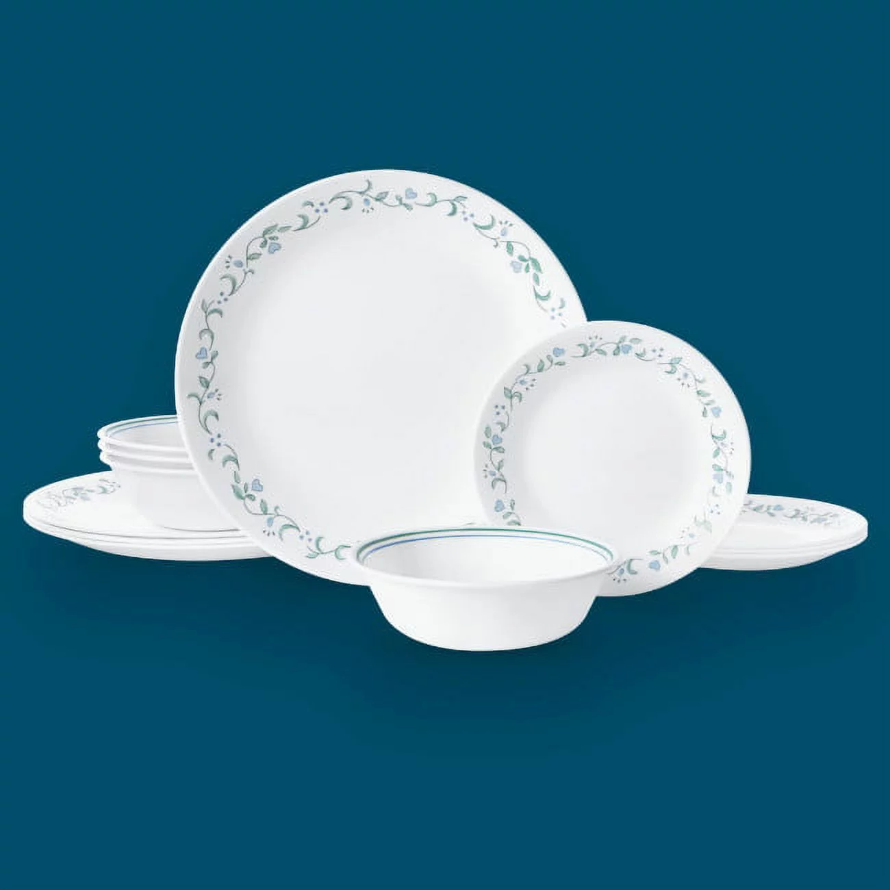 Corelle Country Cottage, White and Green Round 12-Piece Dinnerware Set