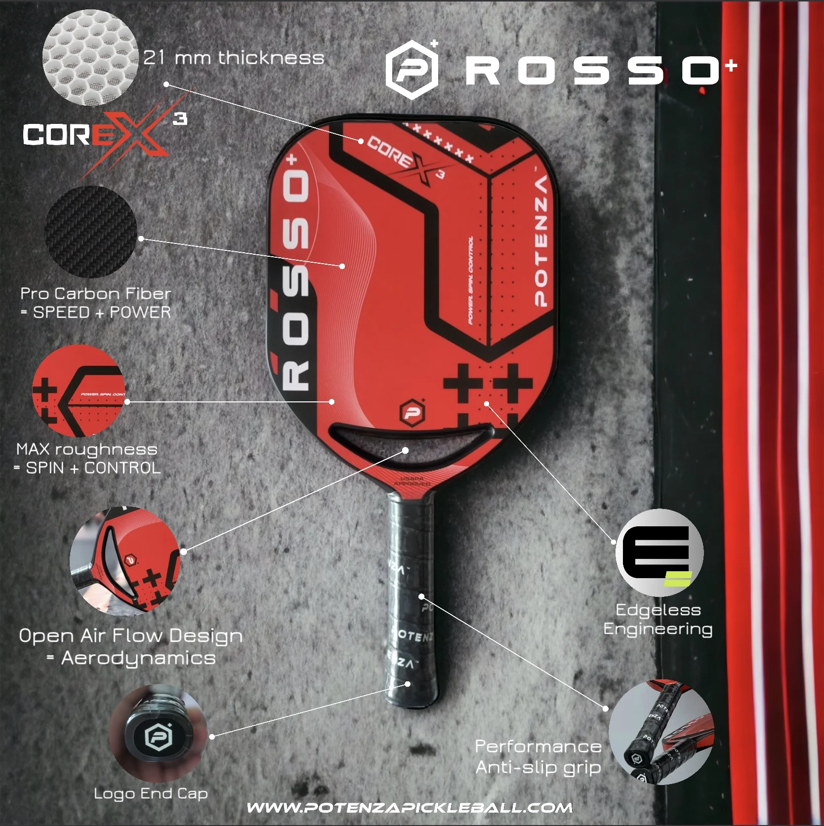 Potenza ROSSO+ Pro Pickleball Paddle (Carbon Fiber, 21mm COREx3 Open Throat)
