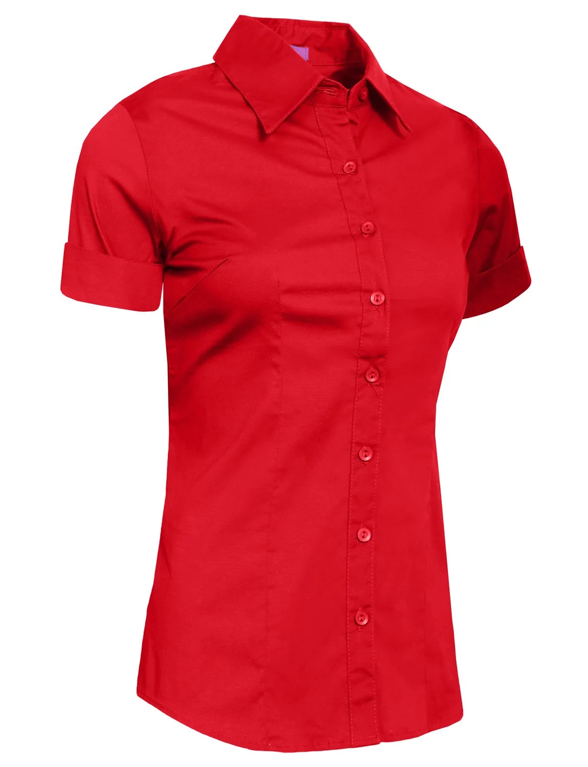 J. METHOD Women's Tailored Button Down Shirt Cuffed Short Sleeve Stretch Collar Office Work Formal Casual Basic Blouse Top NEWT06 Red L