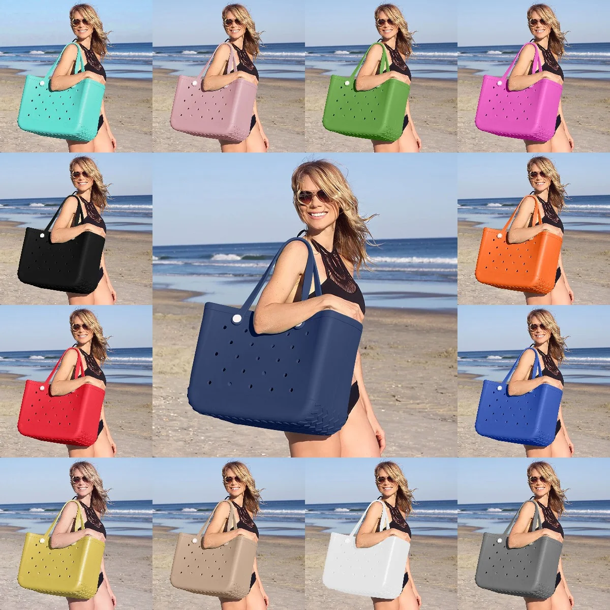 EVA Beach Bag, Portable Waterproof Swimming Tote Bag, Solid Color Handbag For Travel, Beach,Shopping & Sports