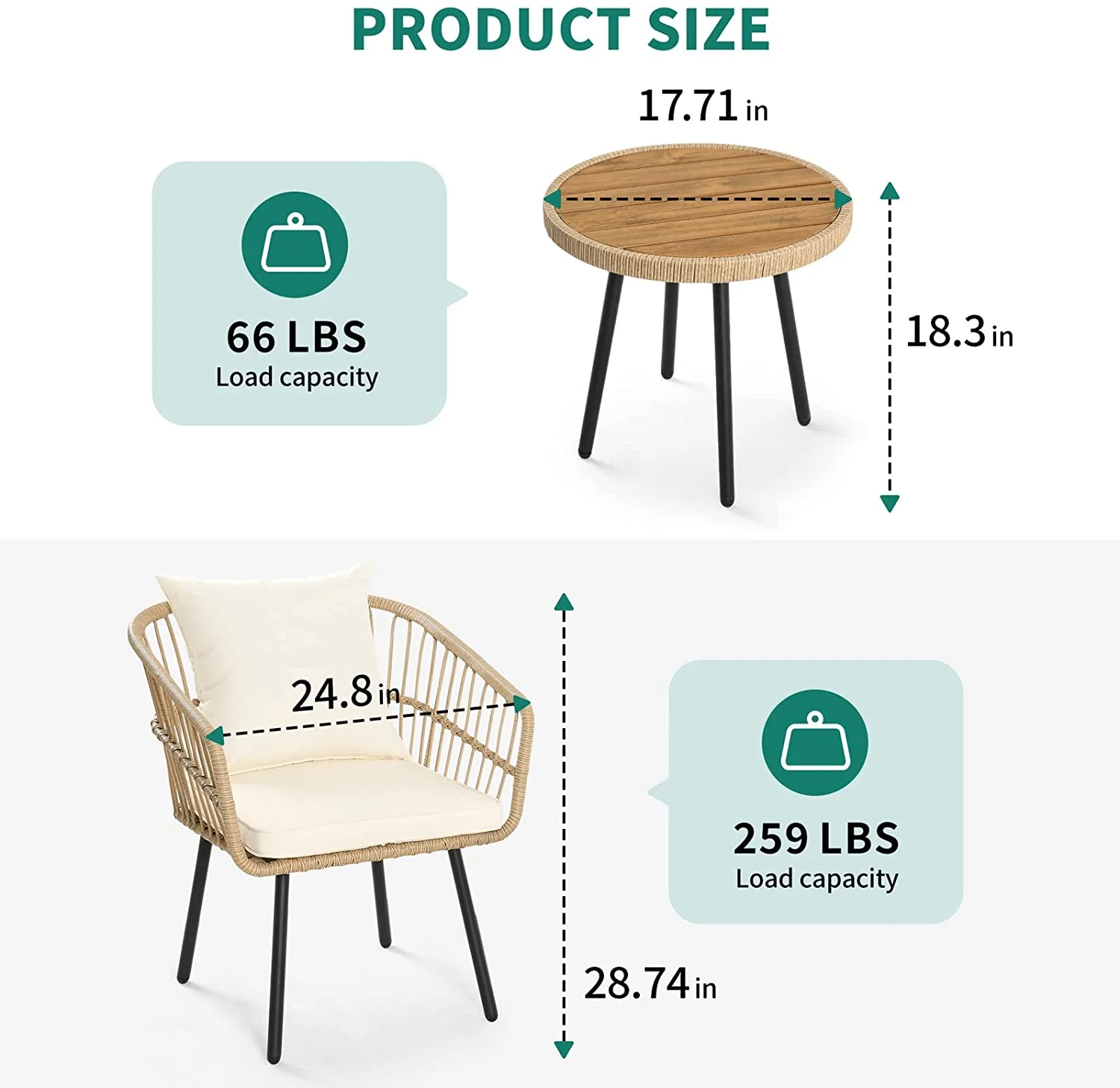 DWVO 3 Pieces Patio Wicker Conversation Chair Set, Outdoor Conversation Bistro Sets, 2 Wicker Chair (with Cushions & Lumbar Pillows) and Wicker Coffee Table - Beige