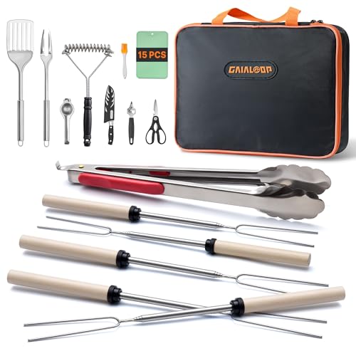 Camping Cooking Utensil Set Camp Kitchen Utensils Kit with Organizer Case Bag, Portable RV Camping Cooking Essentials Cookouts Open Fire Pit Grilling Rotating Marshmallow Roasting Sticks BBQ Forks