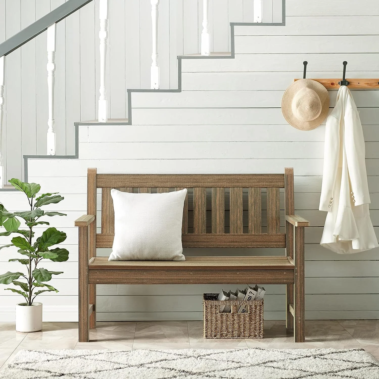 Efurden Garden Bench, Poly Lumber Outdoor Bench, Weatherproof HDPE 2-Person Patio Bench for Garden Porch and Park (Bright Brown)