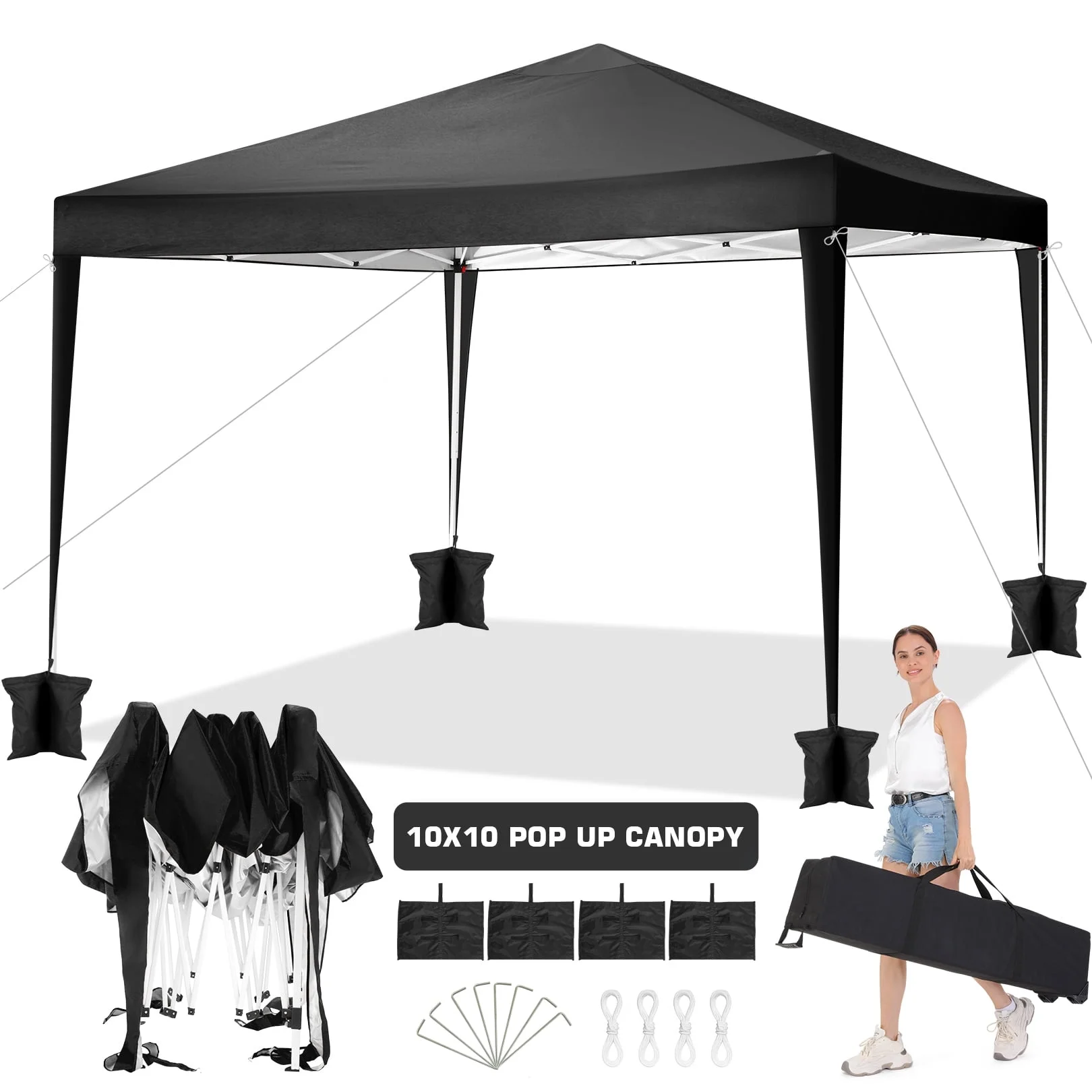 10 x 10 FT Outdoor Pop-Up Canopy, Instant Party Tent, Camping Beach Gazebo, 3 Height Adjustable with 8 Stakes, 4 Sandbags, 4 Wind Ropes, Carrying Bag, Black