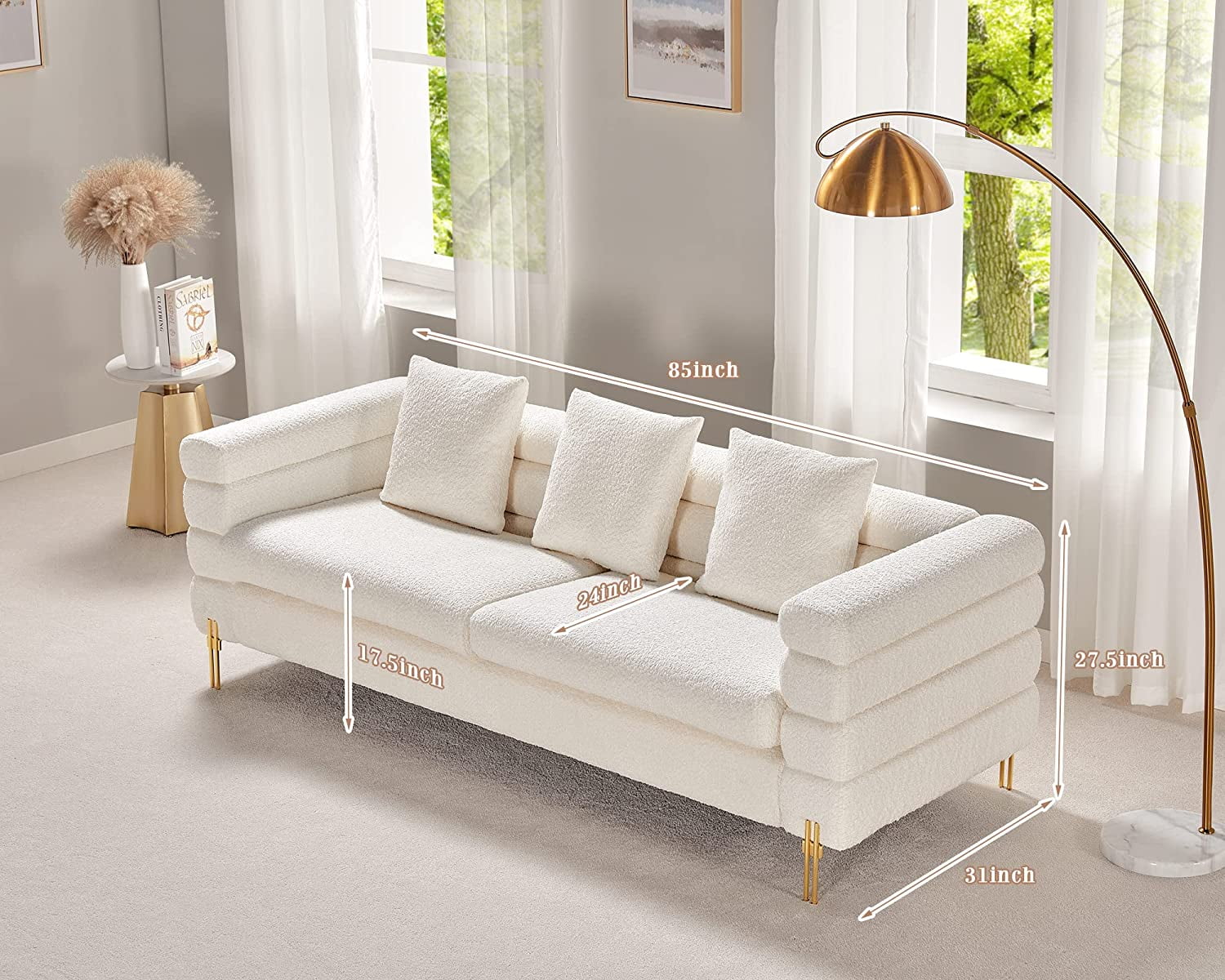 AMERLIFE Sofa, Oversized Sofa- 85 inch, 3 Seater Sofa Comfy Sofa for Living Room- White Deep Seat Sofa, Bouclé Couch