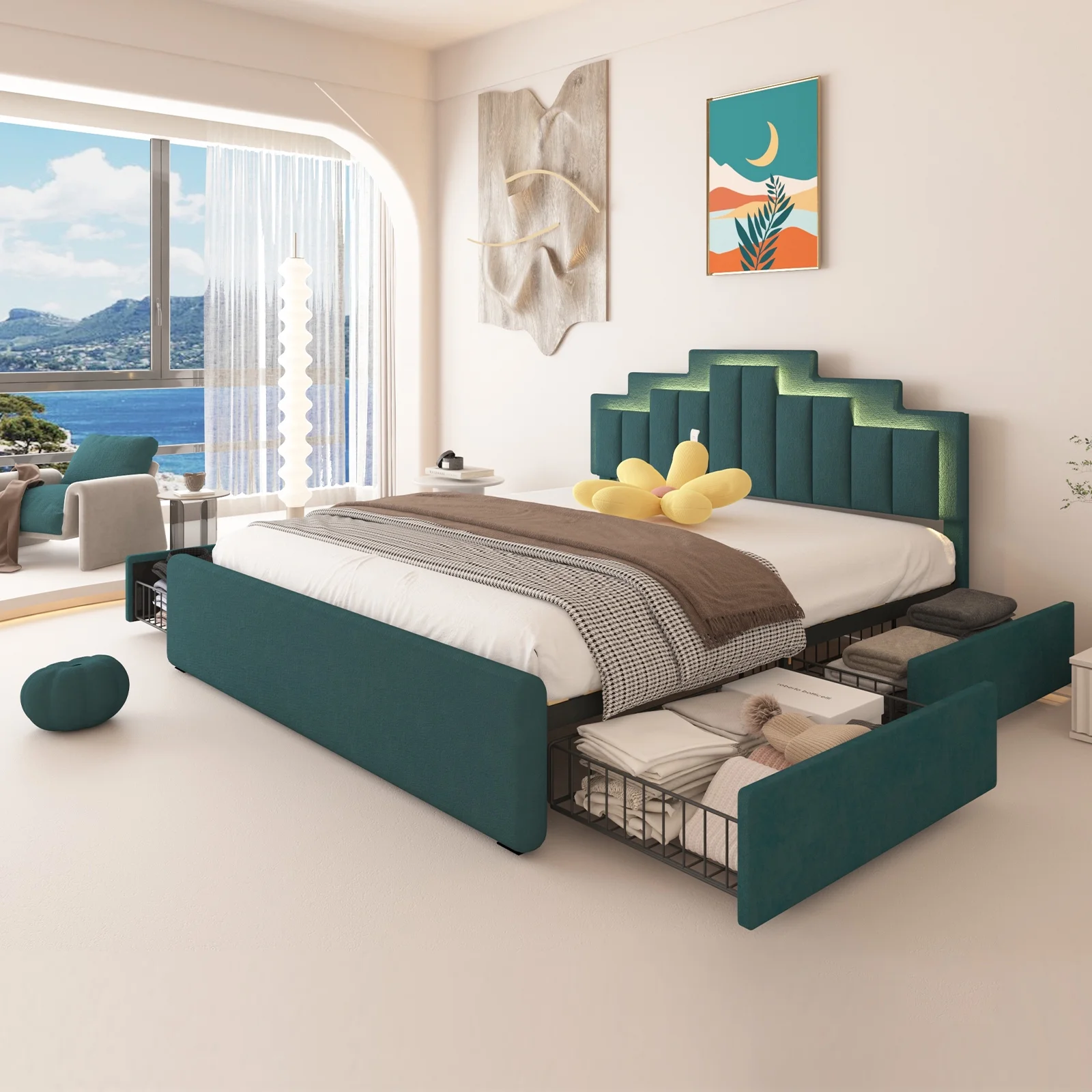 Kallabe Queen Size Bed Frame with Adjustable Headboard, Upholstered Platform Bed with 4 Stoarge Drawers and LED Lights, Luxurious Velvet 60,000 Color, App or Remote Control, Easy Assembly, Dark Green