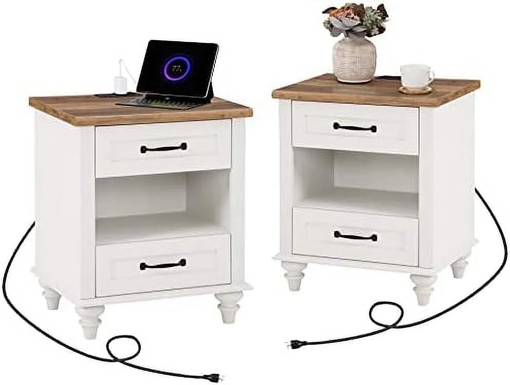 HJZBNONE Side Table with Drawer Nightstand with Charging Station  Farmhouse End Table for Living Room  Retro Night Stand Light Wood Bedside Table for Bedroom  Oak