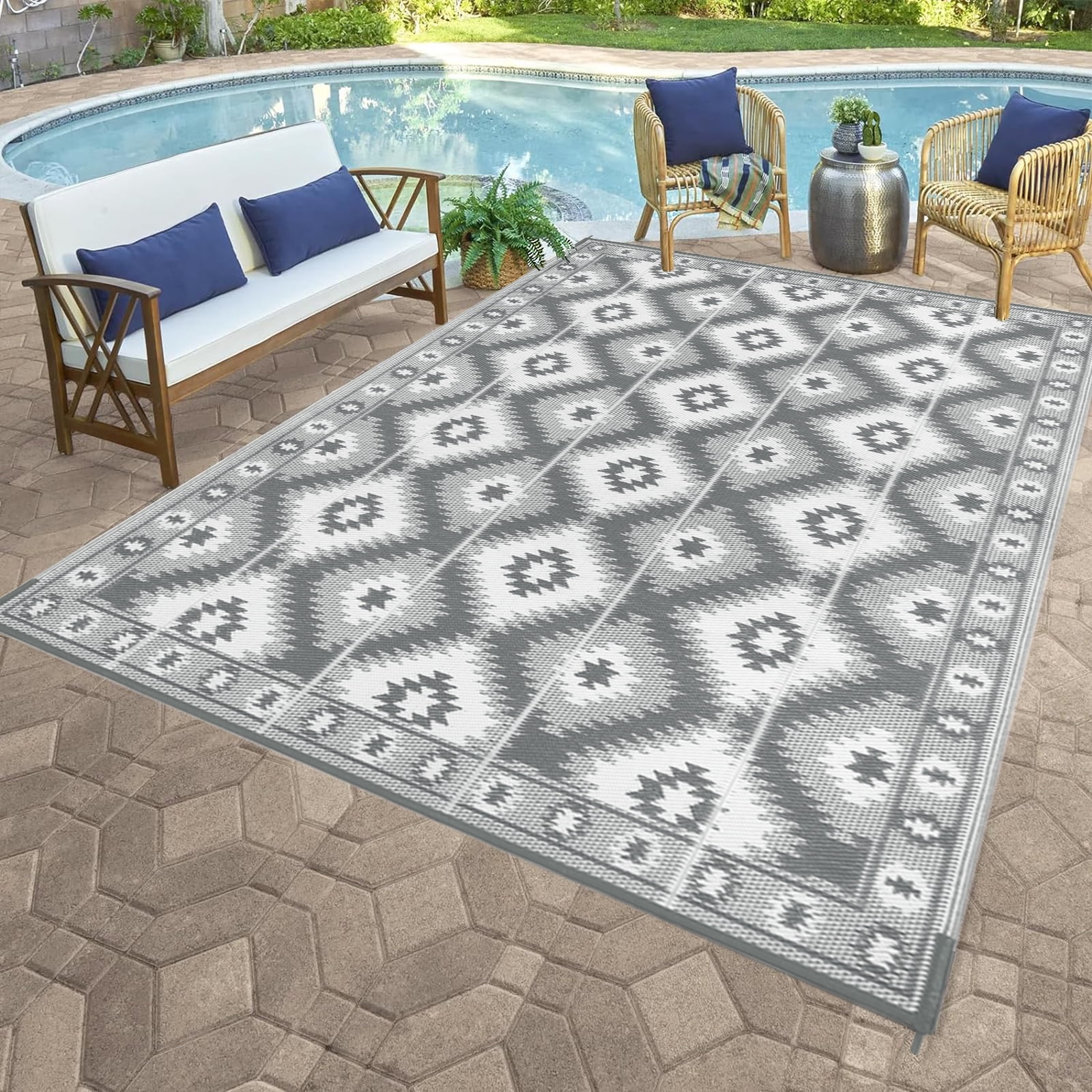 MeyJey Outdoor Rug, 6'x9' Reversible Waterproof Area Rug, Plastic Mat for RV Patio Camping, Gray