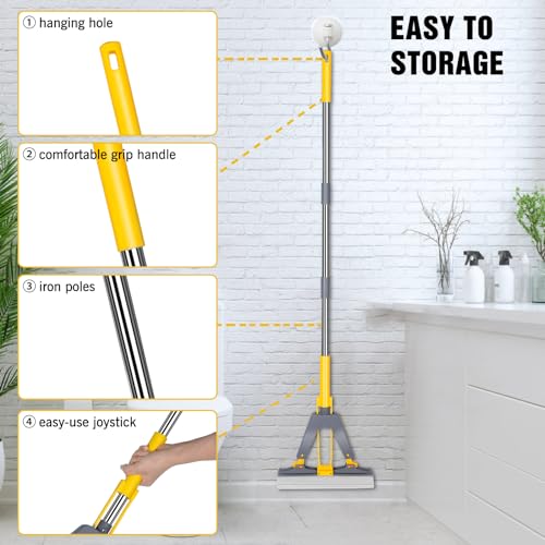 Sponge Mop with Self-Squeeze Feature, Stainless Steel Handle, 3 PVA Absorbent Mop Head Refills, Ideal for Home & Commercial Use on Tile, Floor, Bathroom & Garage