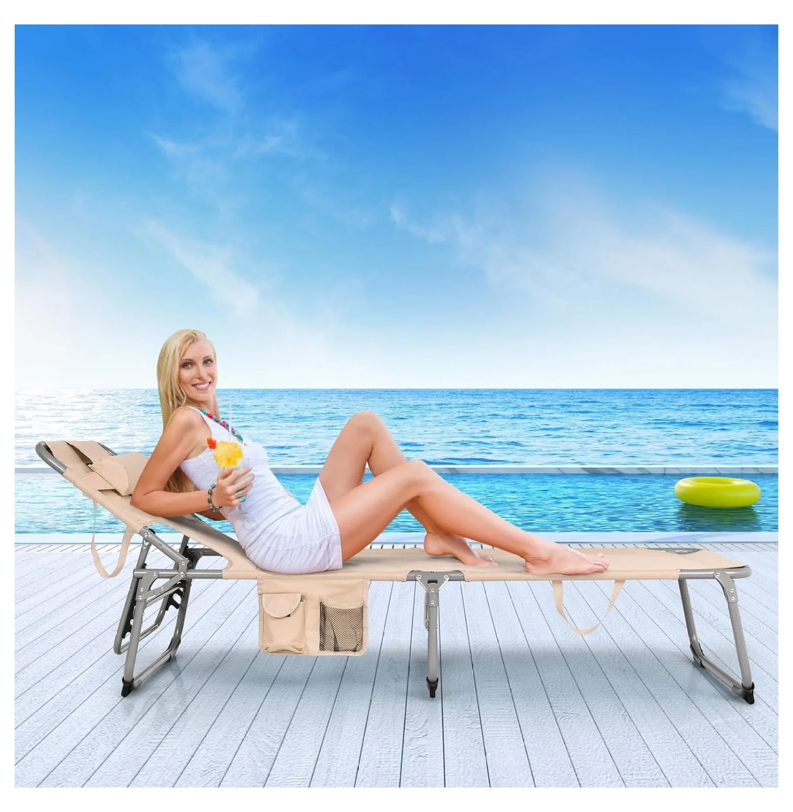 Tanning Chair, Folding Beach Lounger with Face Arm Hole, Adjustable Backrest, Side Pocket, Pillow & Carry Handle, Outside Sunbathing Lounge Chair for Patio, Poolside, Lawn (1, Sand)
