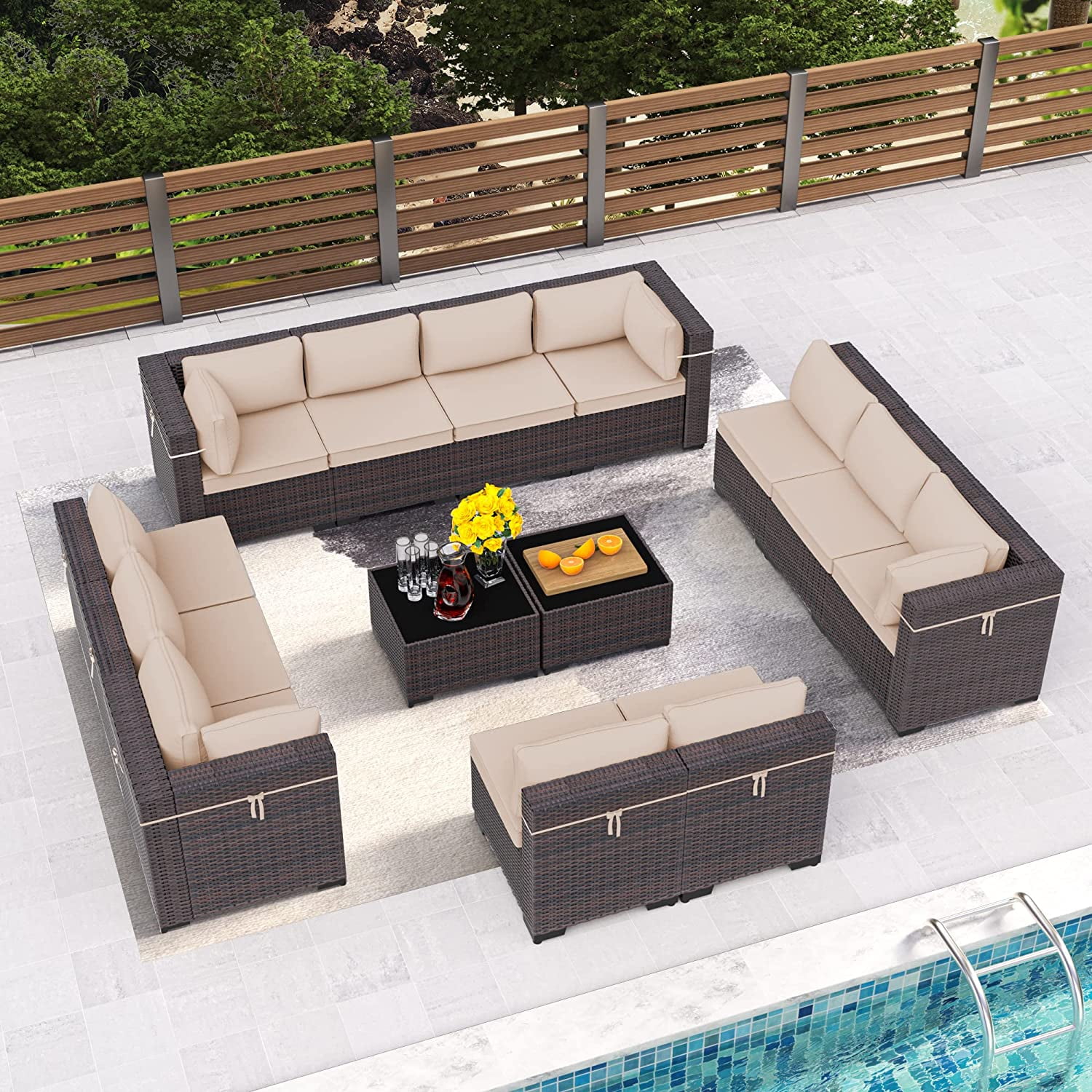 sell well Outdoor Patio Furniture Set  14 Pieces Outdoor Furniture All Weather Patio Sectional Sofa PE Wicker Modular Conversation Sets with Coffee Table 12 Chairs & Seat Clips(Sand)