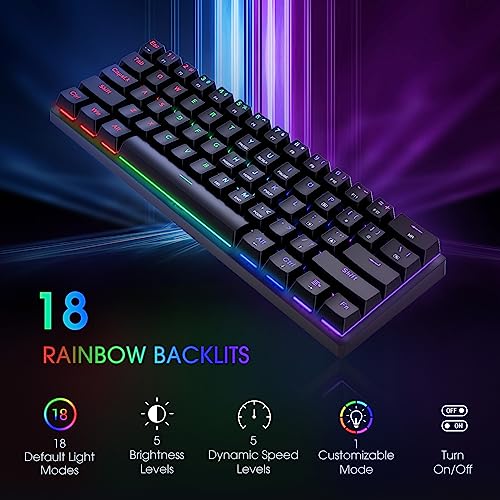 Portable 60% Mechanical Gaming Keyboard, Wired Keyboard with Blue Switches,LED Customization Backlit,61 Keys Ultra-Compact Mini Office Keyboard for PC/Mac/Xbox,Easy to Carry On Trip-Black