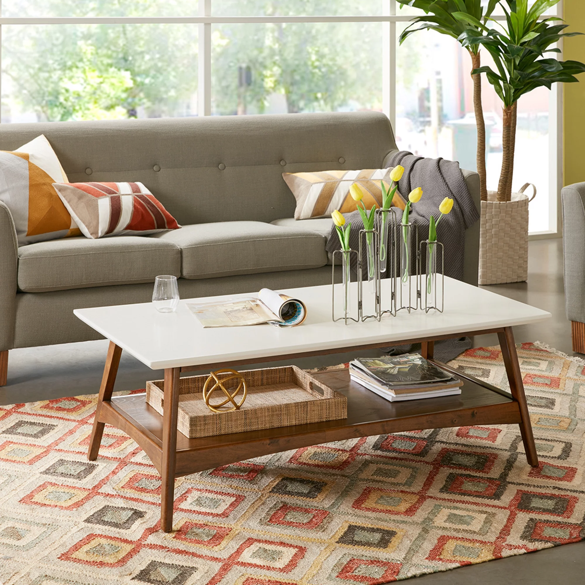 Dawn Whisper Contemporary Madison Park Parker Coffee Table in Off-White/Pecan