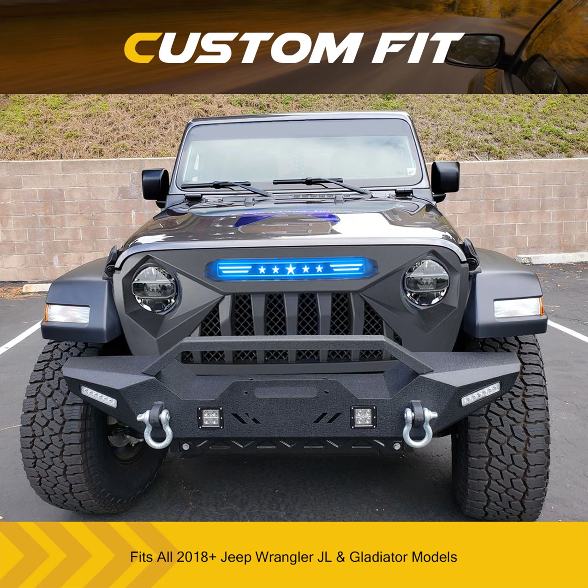 AMERICAN MODIFIED Demon Grille w/Blue Lights for 18-21 Wrangler/Gladiator