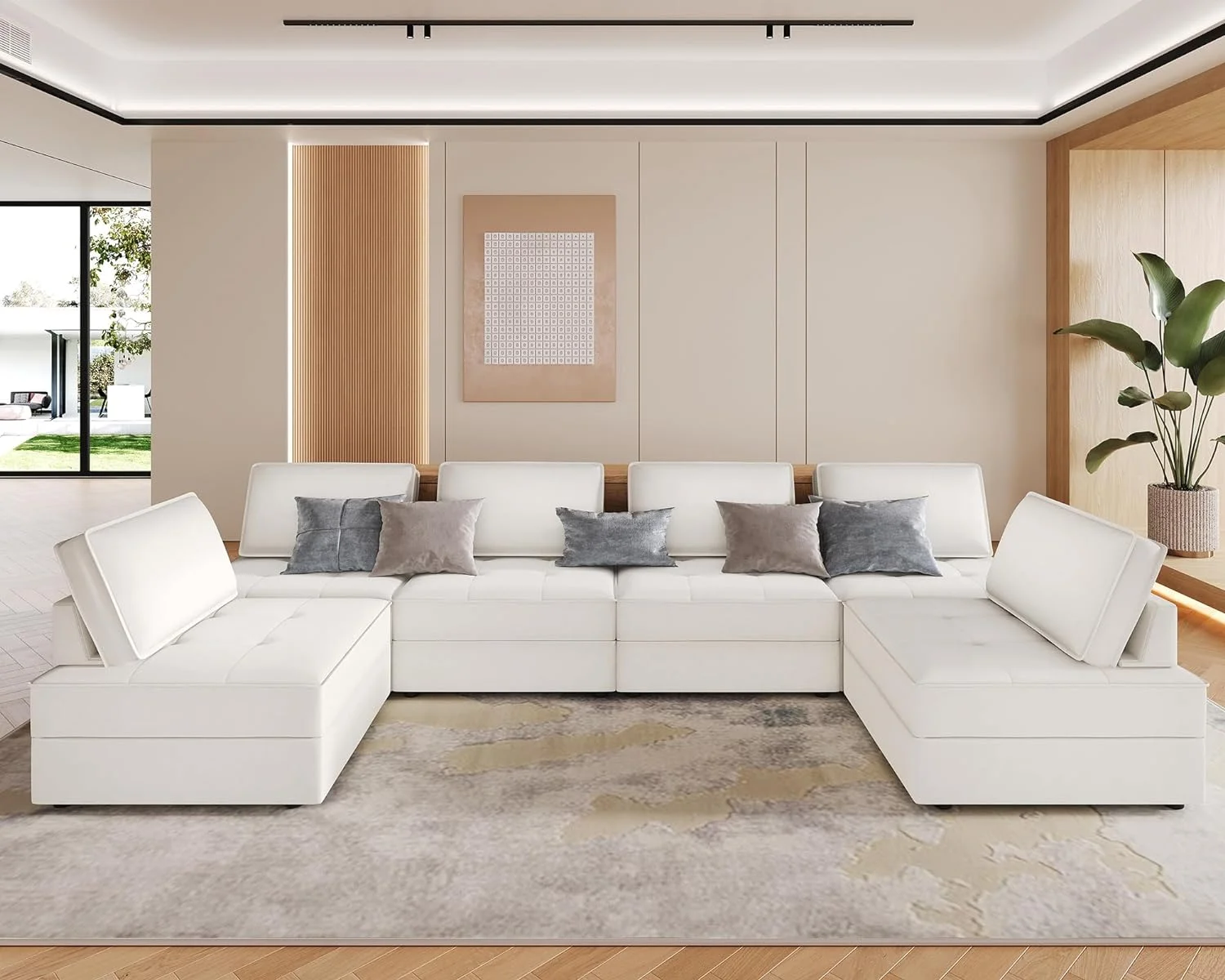 PaPaJet Sectional Sofa, 6 Seater Couch- Convertible U Shaped Sectional Sofa for Living Room(Velvet,Beige)