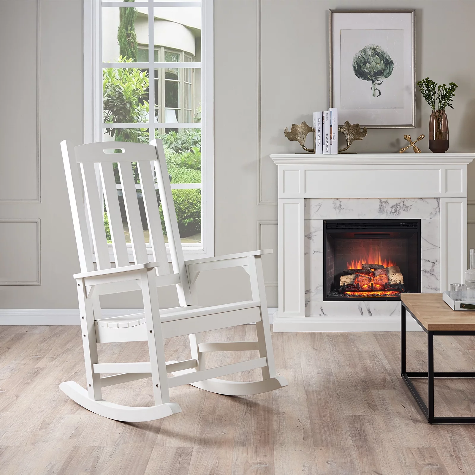 Efurden Patio Rocking Chair, Poly Lumber Porch Rocker with High Back, 350Lbs Support for Both Outdoor and Indoor (White)