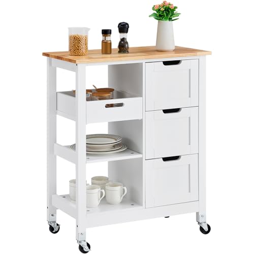 VEVOR Kitchen Island Cart, 26 inch Wood Top Mobile Breakfast Bar, Rolling Kitchen Table with 3 Drawers and Shelves, Portable Islands on Wheels, for Dining Kitchen Living Room Farmhouse, White