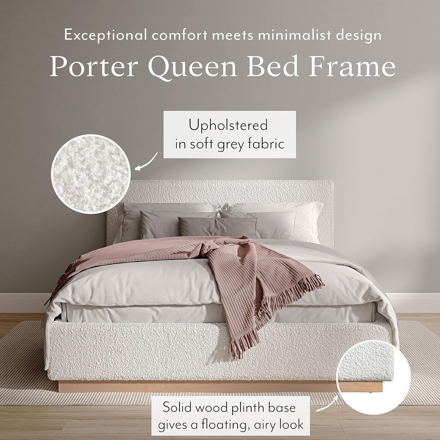 DG Casa Porter Queen Boucle Platform Bed - No Box Spring Needed - Soft Fabric Upholstery - Natural Finish Base