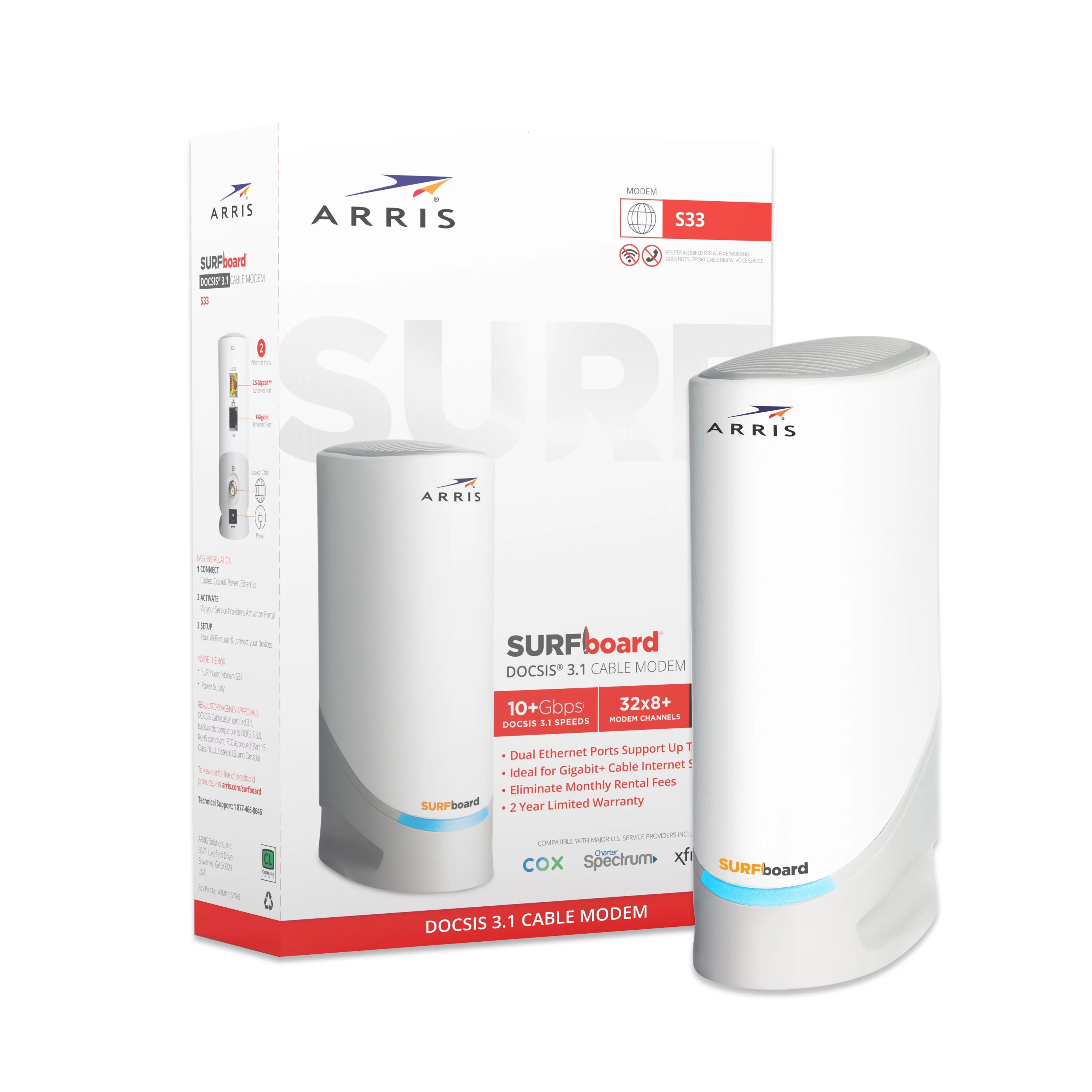 ARRIS Surfboard DOCSIS 3.1 Multi-Gigabit Cable Modem with 2.5 Gbps Ethernet Port, Approved for Cox, Xfinity, Spectrum and Others, Wireless Technology - New Condition