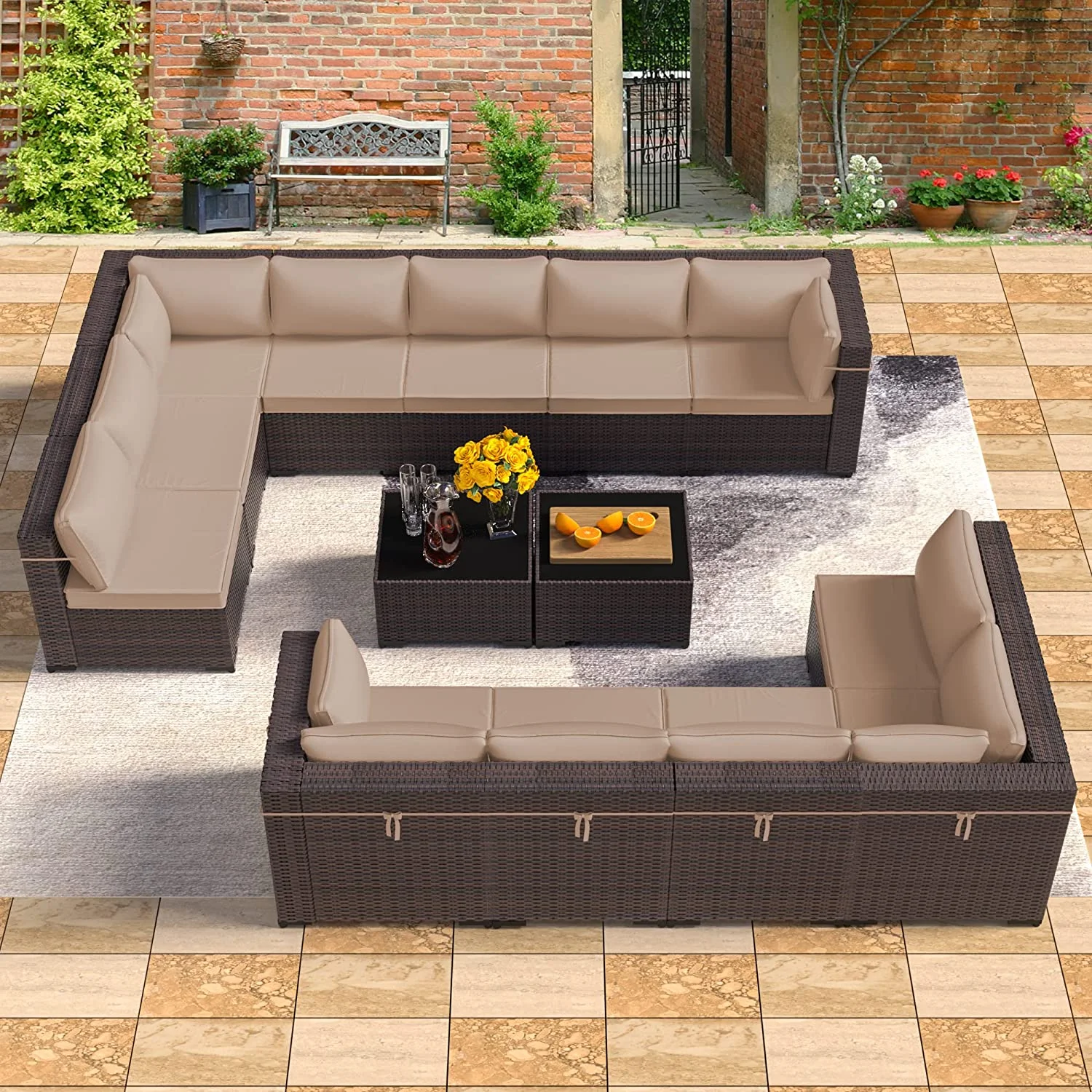 Popular Outdoor Patio Furniture Set  14 Pieces Outdoor Furniture All Weather Patio Sectional Sofa PE Wicker Modular Conversation Sets with Coffee Table 12 Chairs & Seat Clips(Sand)