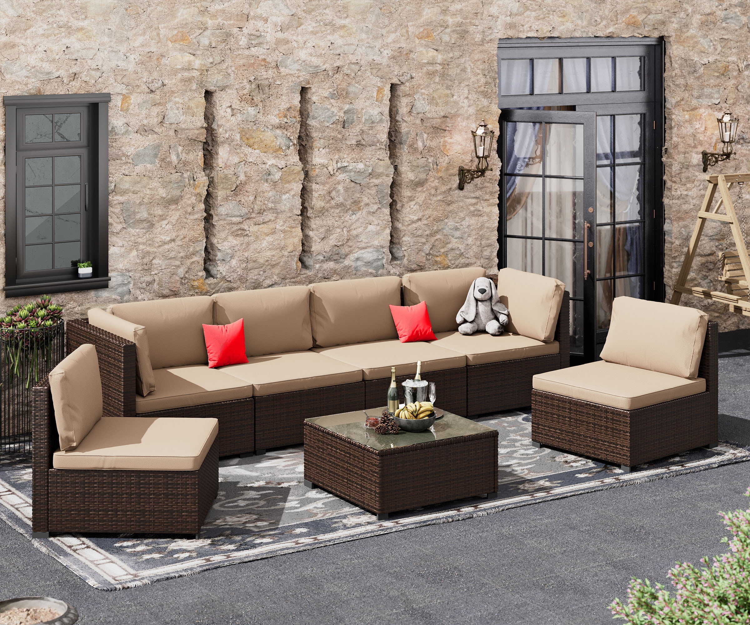 7 Piece Patio Furniture Set, Outdoor Furniture Patio Sectional Sofa, All Weather PE Rattan Outdoor Sectional with Cushion and Coffee Table.