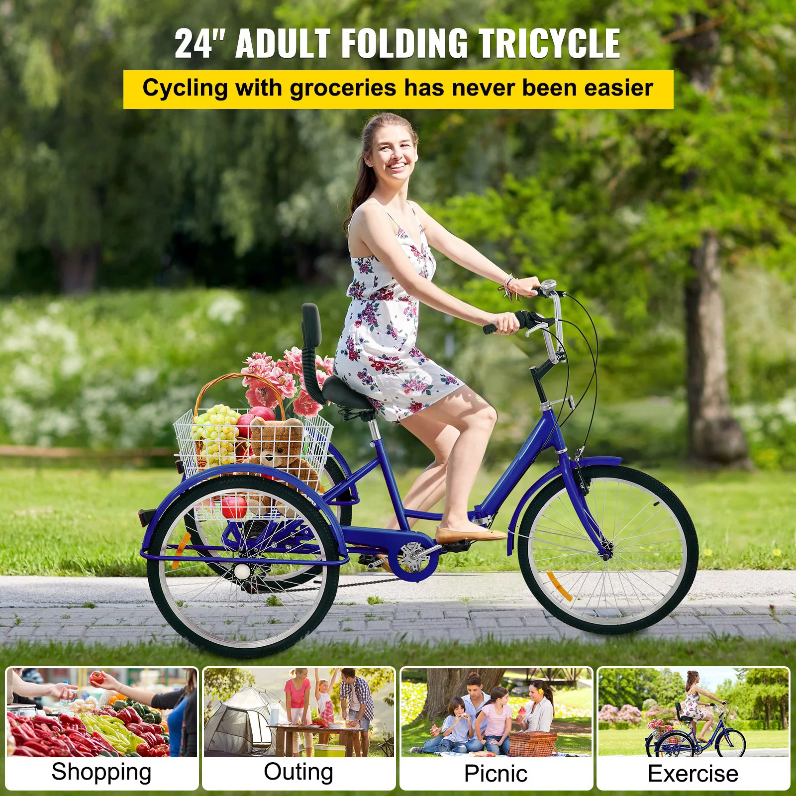 BENTISM Foldable Tricycle Adult 24'' Wheels Adult Tricycle 7-Speed 3 Wheel Bikes For Adults