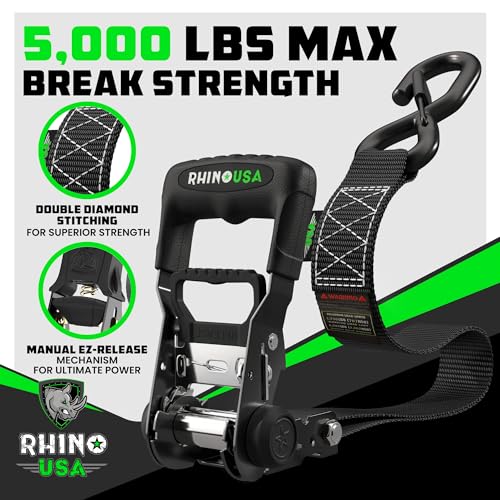 Rhino USA Ratchet Straps Heavy Duty Kit (4-Pack) - 1.6 Inch x 8 Feet (5,208lb Break Strength) - Ultimate Tie Down Straps with Safety S Hooks for Trucks, ATV, UTV, Motorcycle, Cargo & More - Black