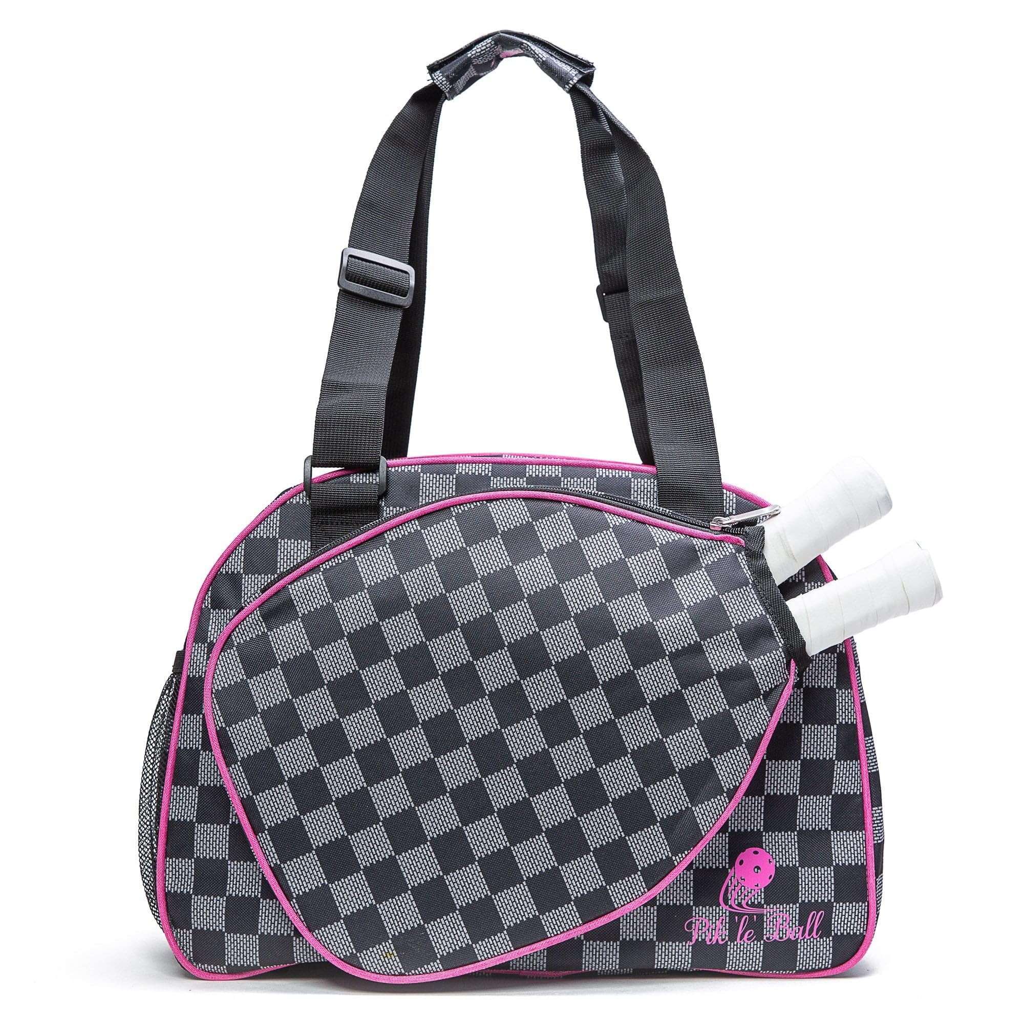 Pik’le’Ball Women’s Premium Pickleball Bag. The Original Pickleball Tote. Water Bottle Holder, Racquet/Paddle Case, Fits More Than 2 Paddles. Athletic Bag, Sling Bag (Pink Checkers)