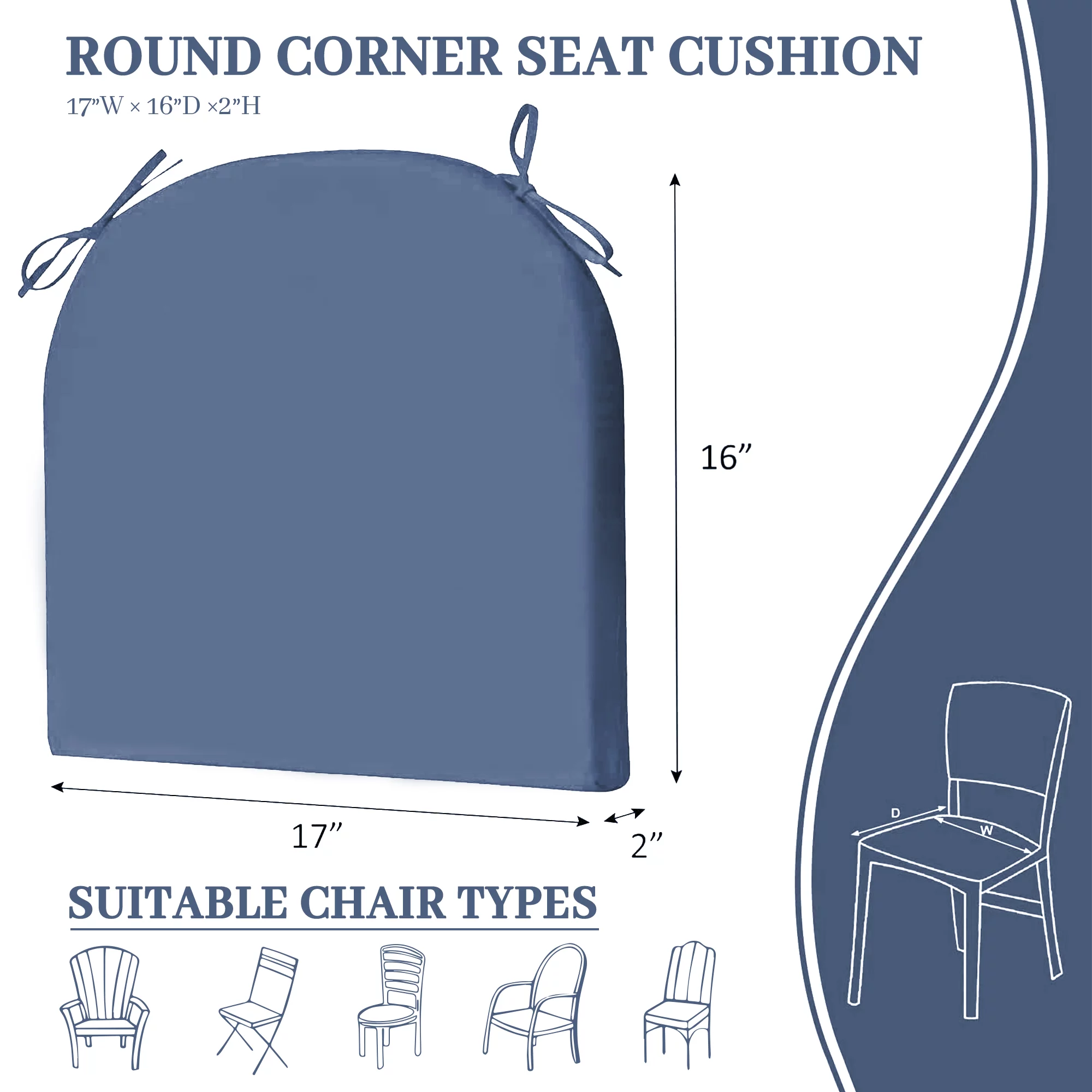 Unikome Outdoor Seat Pads Seat Cushions 4-Piece Solid Waterproof Patio Seat Chair Cushions 17 x 16 Rounded Square Patio Cushions, Navy Blue, Set of 4