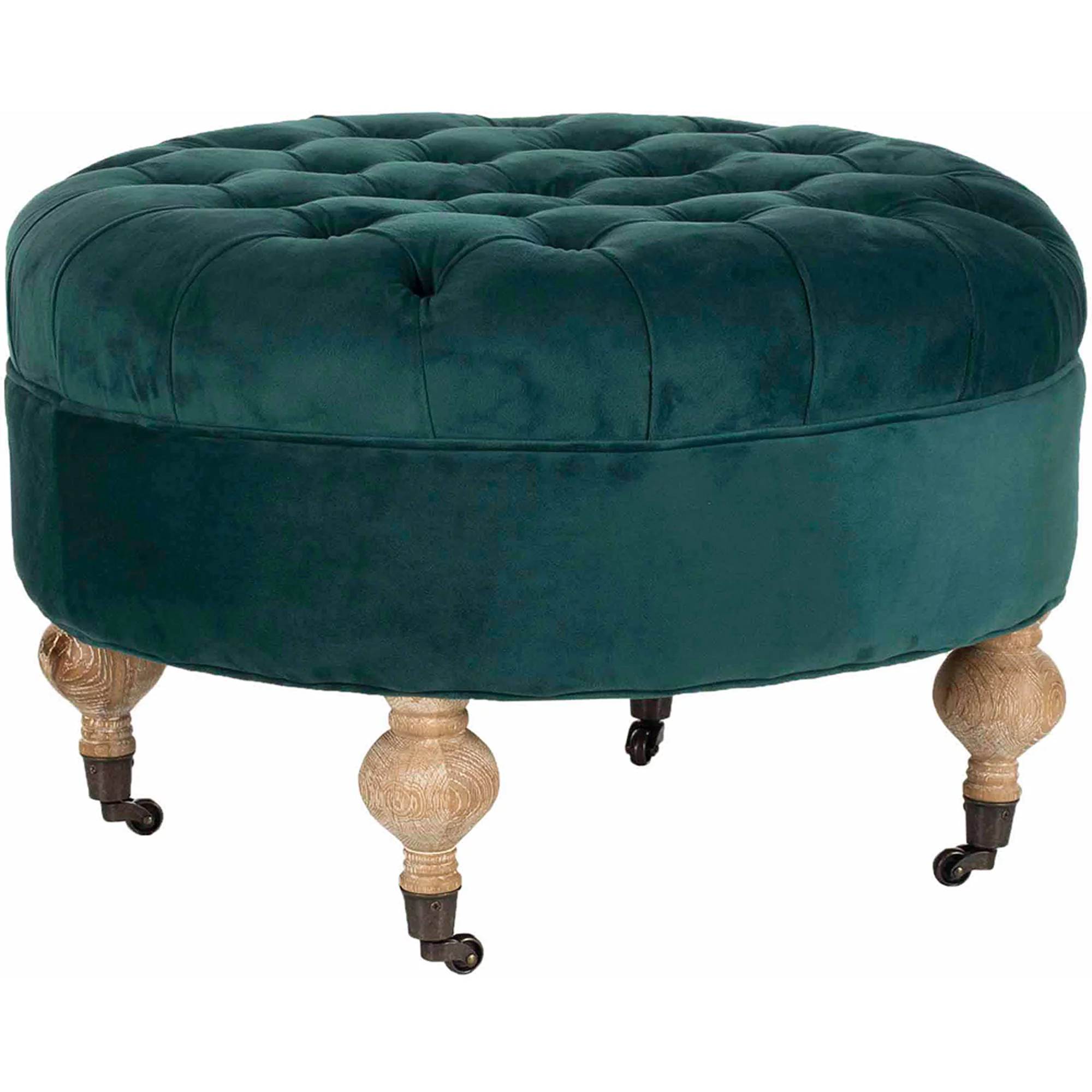 SAFAVIEH Clara Classic Rustic Tufted Round Ottoman with Casters, Marine