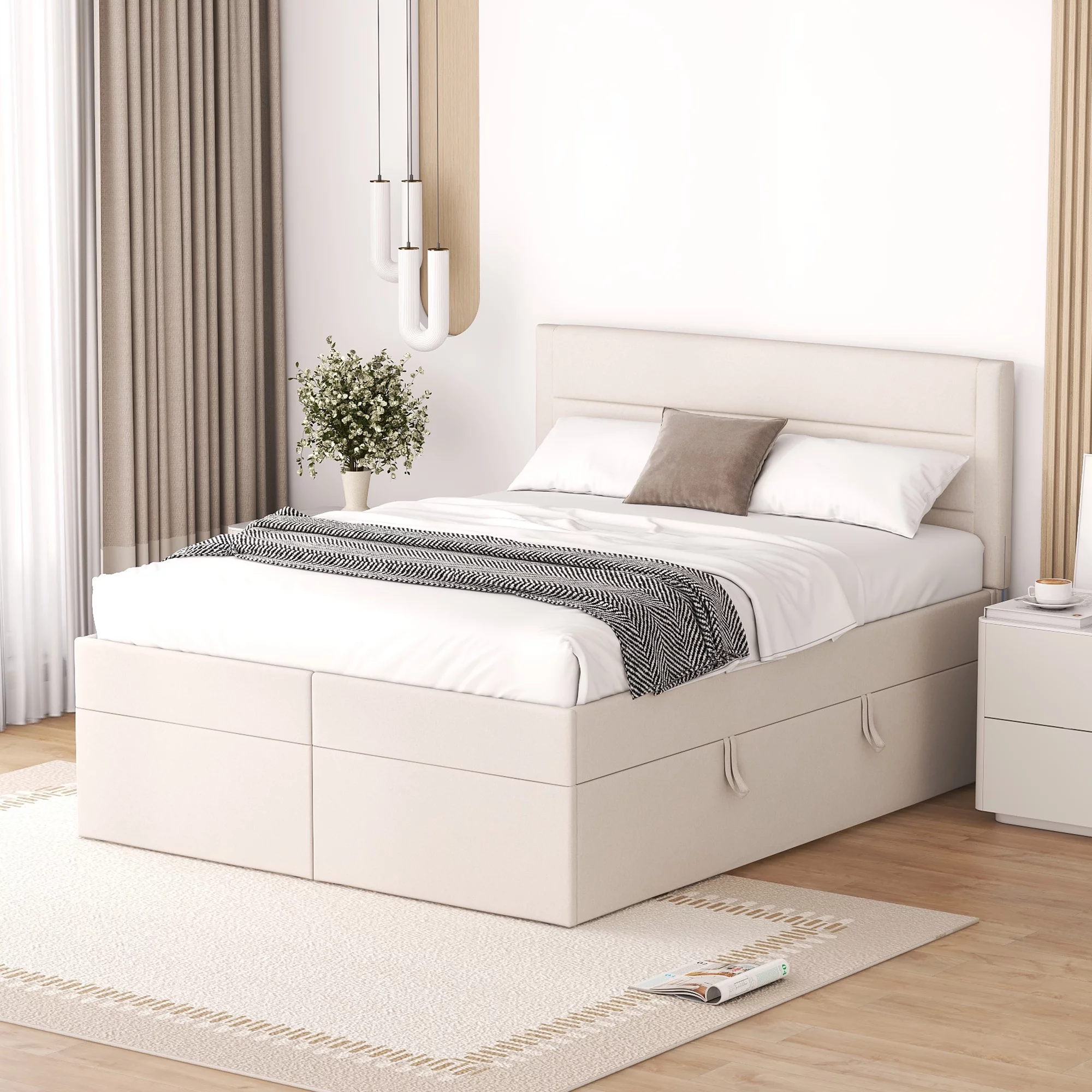 Euroco Full Size Lift-up Upholstery Platform Bed with Storage Underneath for Kids Teens Adults, Easy Open and Close for Storage, Beige