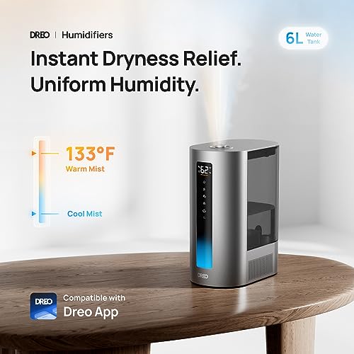 Dreo 6L Humidifiers for Bedroom, Smart Warm & Cool Mist for Large Room, 60Hr Quiet Runtime Ultrasonic Oil Diffuser for Baby, Plant, Humidity Sensor, Indicator Light, 12H Timer, Google/Alexa, HM713S