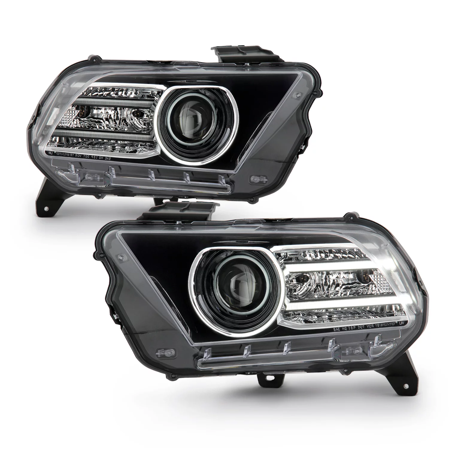 AKKON - Fits 2010 2011 2012 2013 2014 Ford Mustang Halogen Type LED Tube Projector Black Headlights Pair