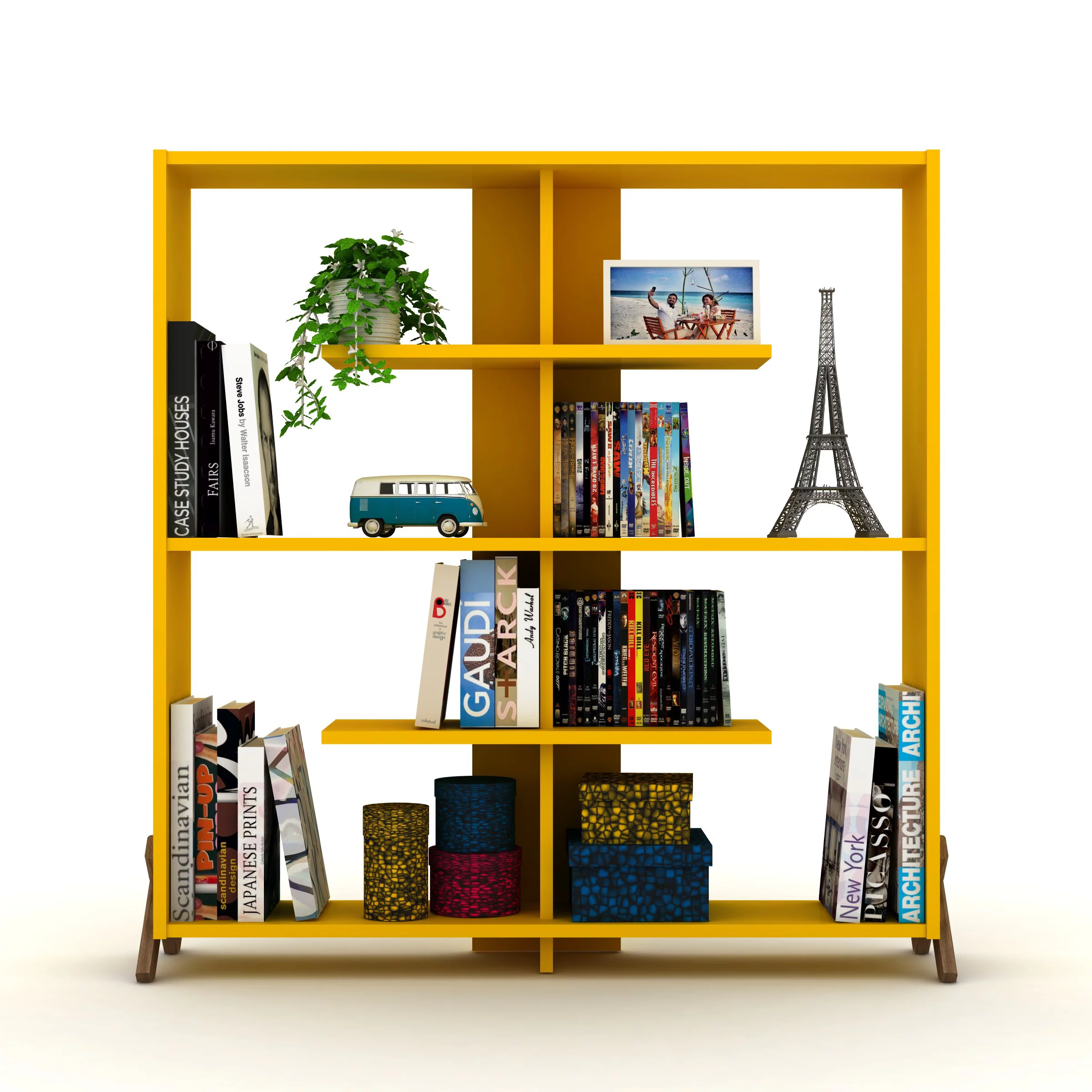 Kappo 4 Tier Modern Bookshelf, Wood Frame Bookshelf for Small Spaces in your Living Rooms, Office Furniture Bookcase,Yellow