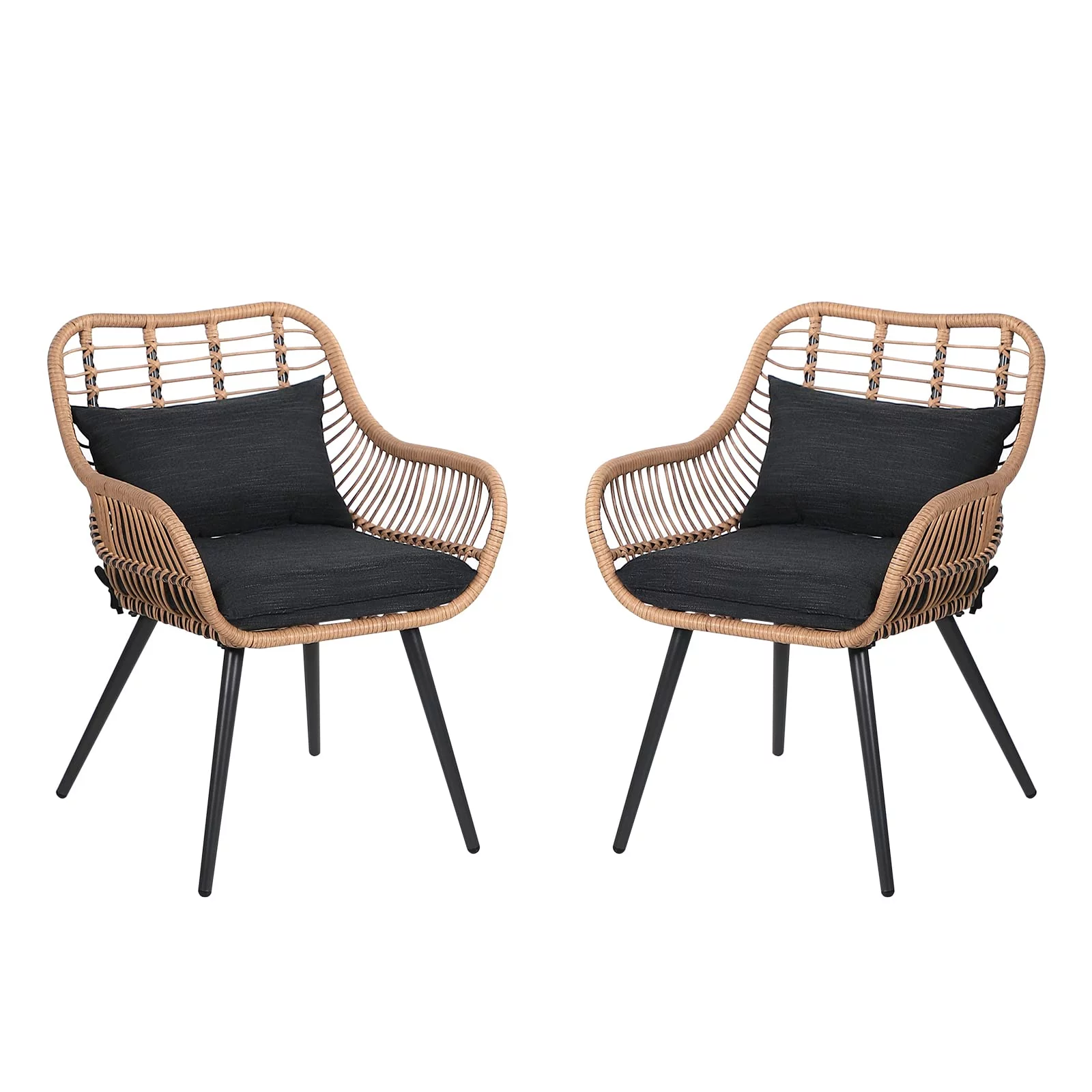 JOIVI Outdoor Wicker Chairs Set of 2, Patio Dining Chairs with Cushions, All-weather Rattan Porch Chairs with Armrest for Outside Lawn, Balcony, Garden, Black