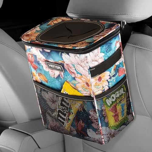 HOTOR Car Trash Can with Lid and Storage Pockets - 100% Leak-Proof Organizer, Waterproof Garbage Can, Multipurpose Trash Bin for Car, 2 Gallons, Black