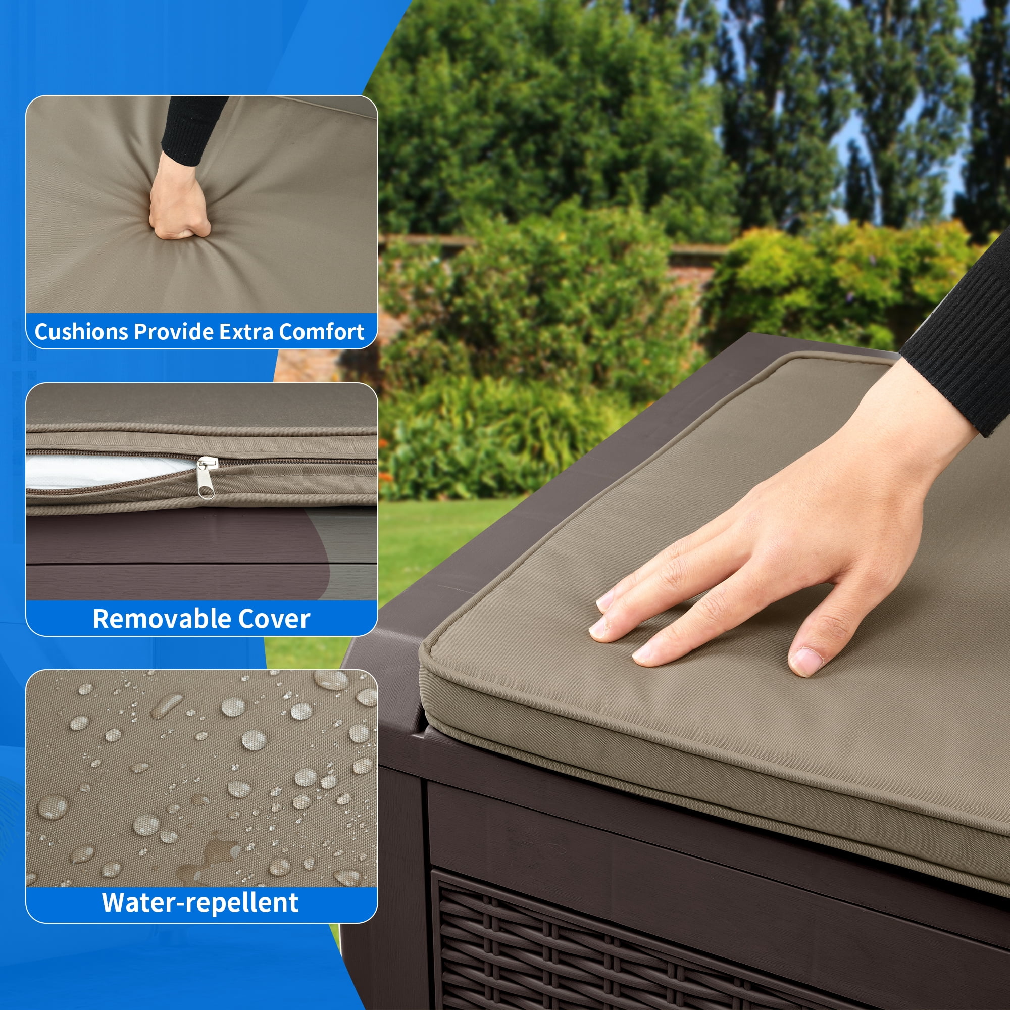 Dextrus 100 Gallon Waterproof Outdoor Deck Box with Cushion - Secure Storage for Patio Furniture, Outdoor Cushions, and Pool Supplies, Lockable - Brown