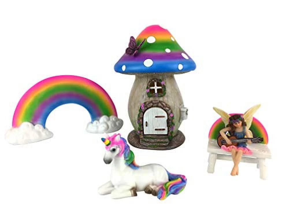GlitZGlam Miniature Rainbow Mushroom Fairy House - 5-Piece Set - a Miniature Fairy House Set for Your Fairy Garden