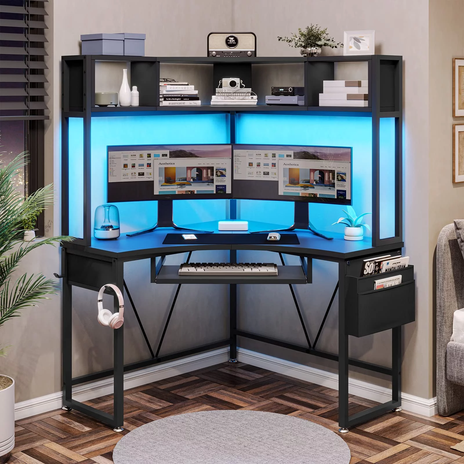 Corner Computer Desk with Hutch and LED Lights, Small Office Desk with Keyboard Tray, Storage Bag, and Headphone Hook, Black